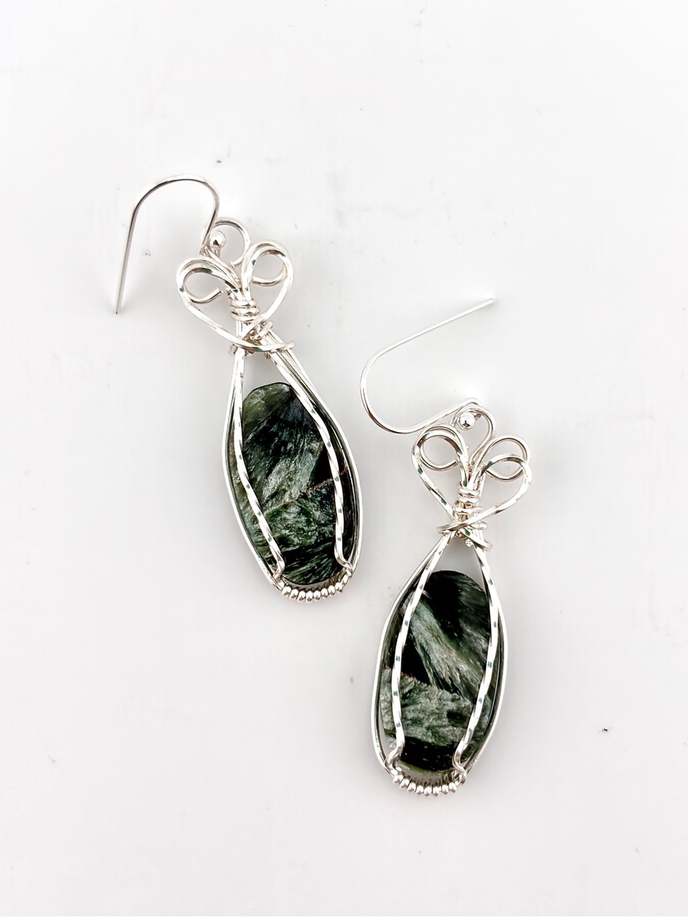HANDMADE Seraphinite Silver Filled Wire Wrapped Dangle Earrings, Artisan Jewelry